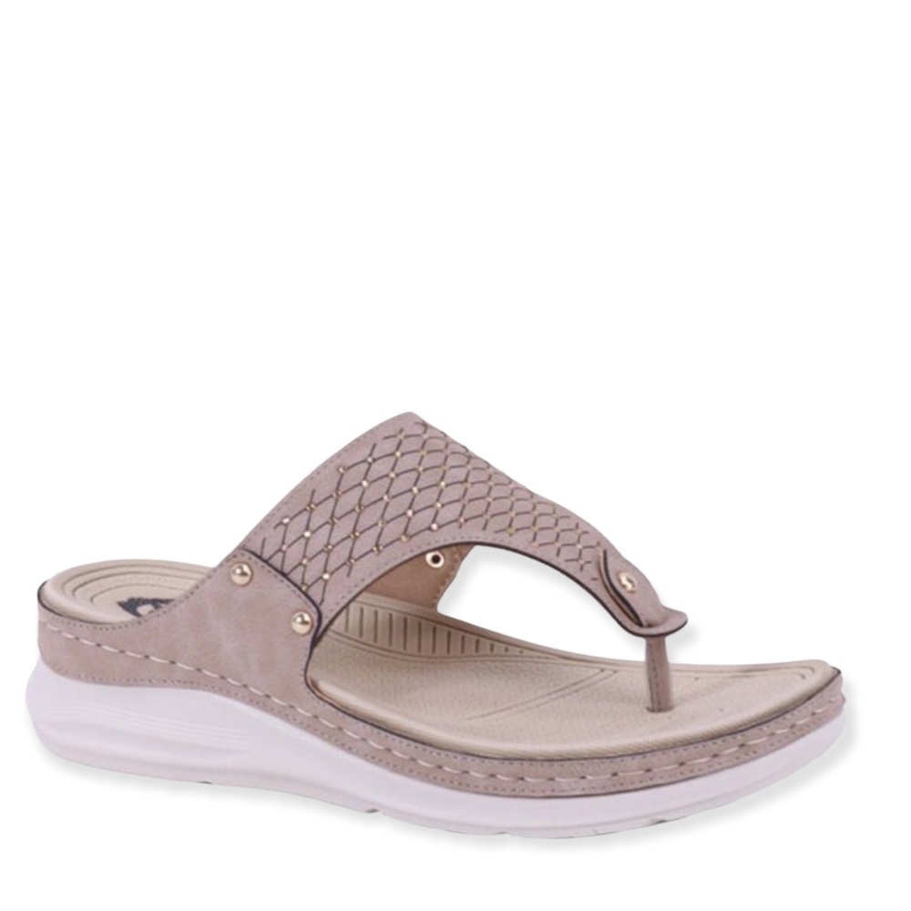 2 Left! Italina Tan Comfort White Textured Rhinestone Thong Slip-On Wedge Sandal
